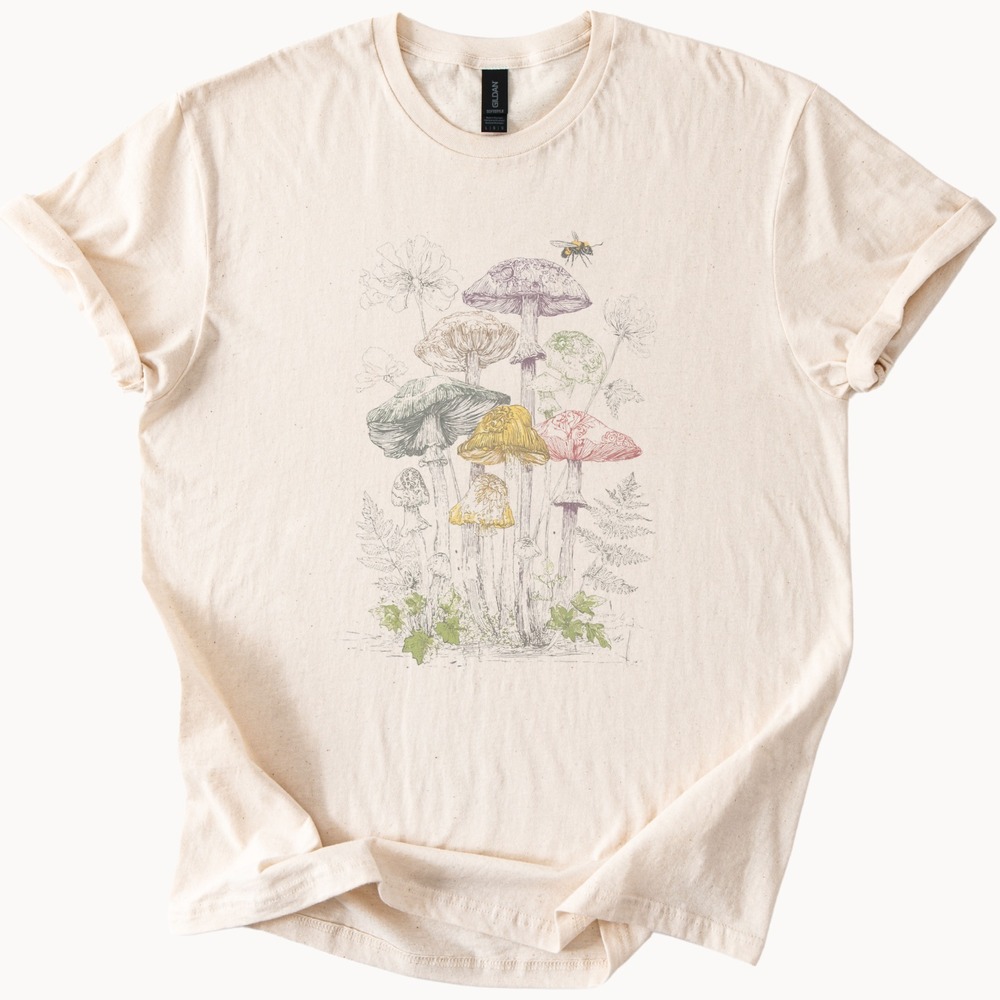 Botanical Mushroom Graphic Tee with Bee and Wildflowers